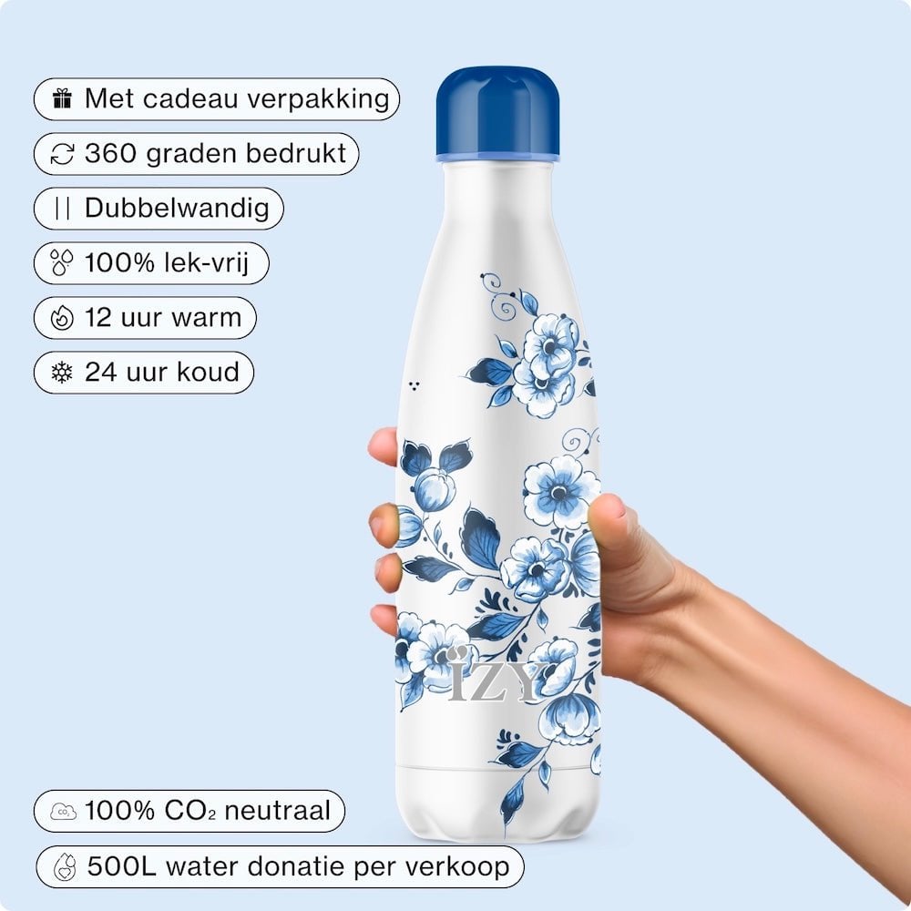 Hollands Vakmanschap in een Fles – ‘Blossom’ 500ML Thermosfles van IZY x Heinen Delfts Blauw