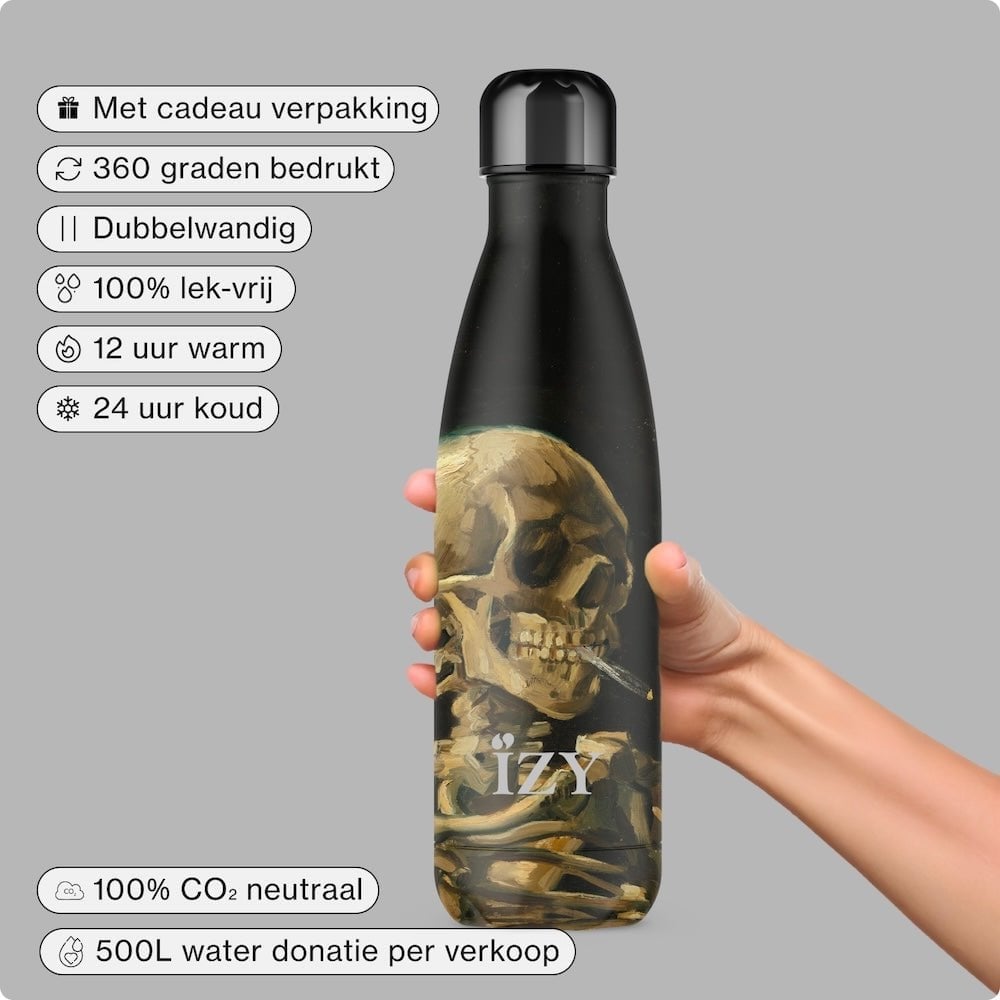 IZY Thermos fles - Van Gogh Edition – 500ML Geïsoleerde Fles | Skull with a Burning Cigarette