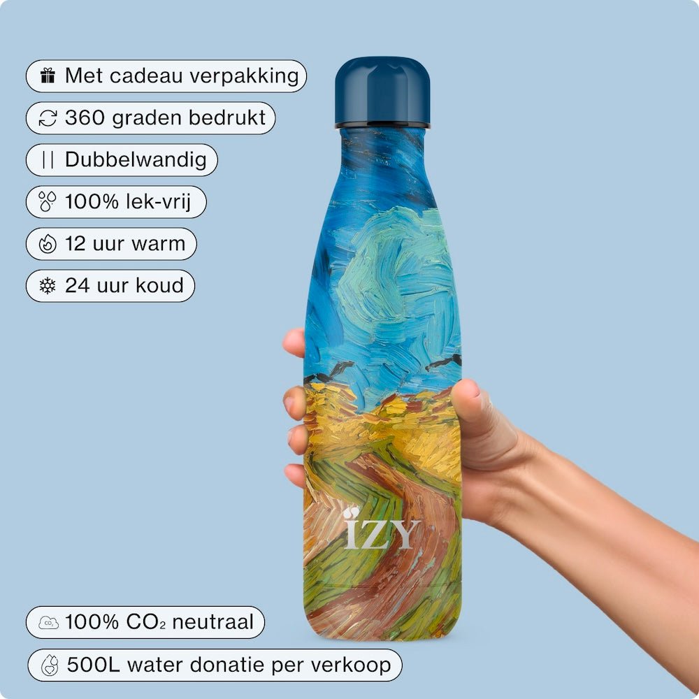 IZY Thermos fles - Wheatfield - Van Gogh - 500ML Dubbelwandige Thermosfles – Stijlvol, Duurzaam, Overal mee naartoe