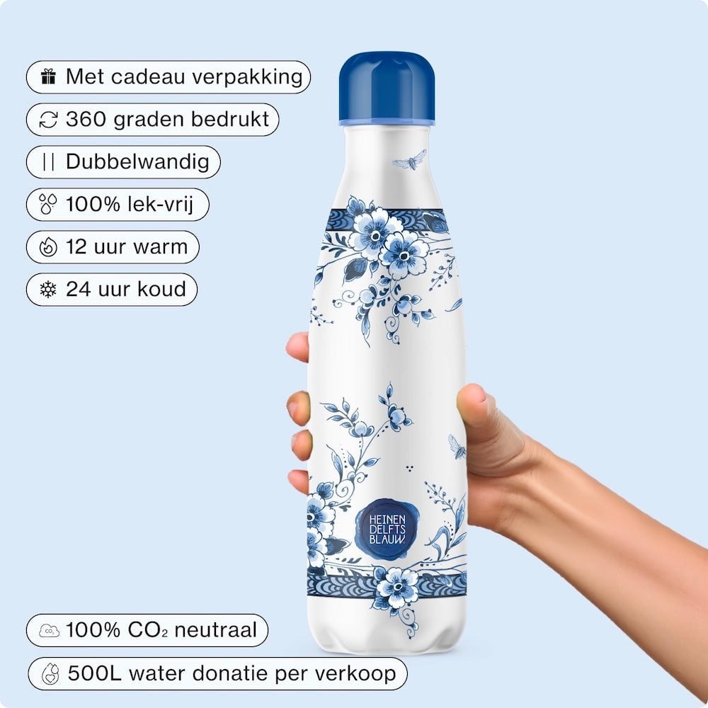 Draag Hollandse kunst met je mee – 500ML Thermosfles ‘Faience’ by IZY x Heinen Delfts Blauw