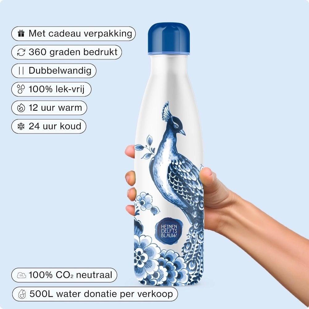 Kunst in Beweging – 500ML Thermosfles ‘Peacock’ door IZY x Heinen Delfts Blauw