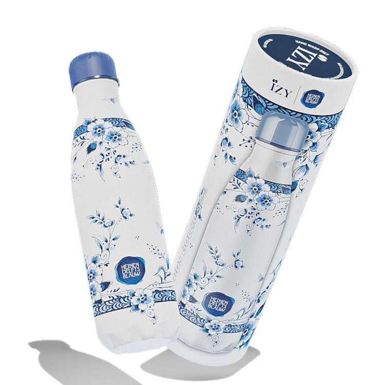 Draag Hollandse kunst met je mee – 500ML Thermosfles ‘Faience’ by IZY x Heinen Delfts Blauw