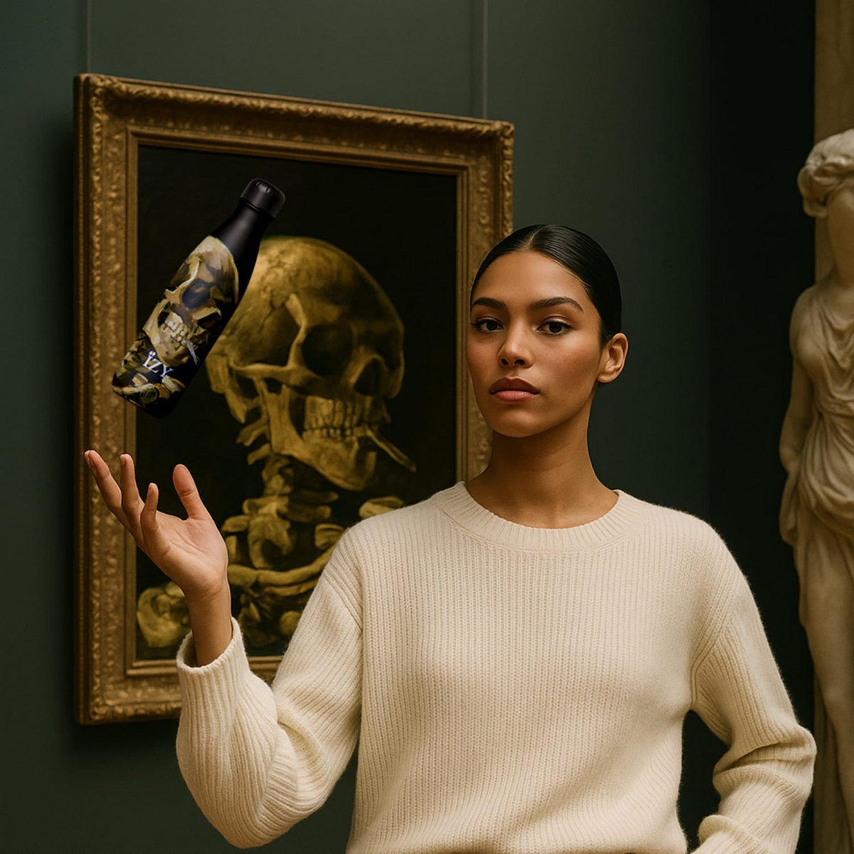 IZY Thermos fles - Van Gogh Edition – 500ML Geïsoleerde Fles | Skull with a Burning Cigarette