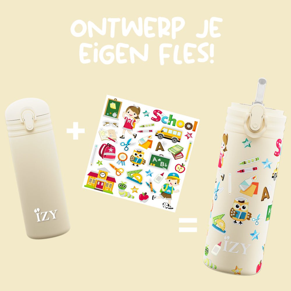 IZY Kids Thermosfles 350ML – Yellow School | Met Stickervel & Dubbelwandige Koeling