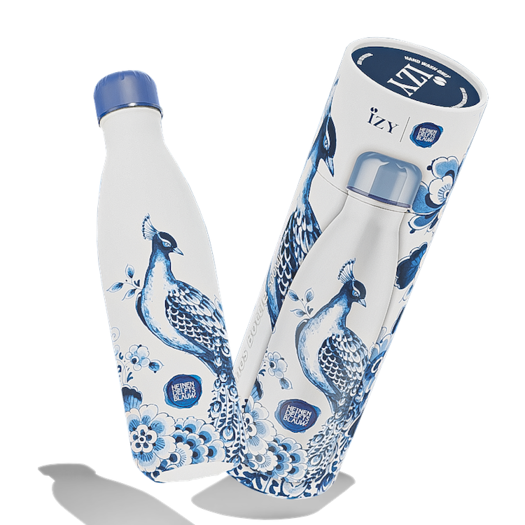 Kunst in Beweging – 500ML Thermosfles ‘Peacock’ door IZY x Heinen Delfts Blauw